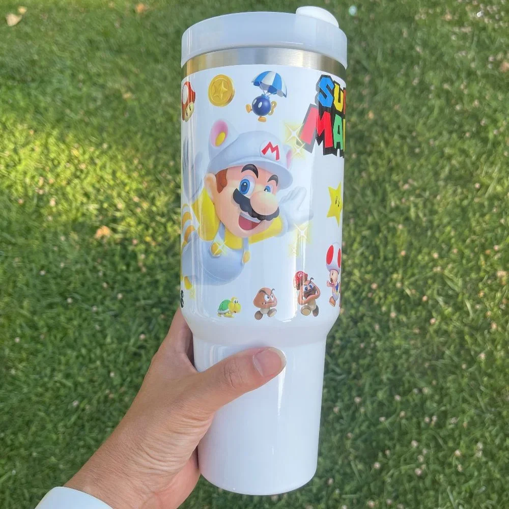 Custom Nintendo Super Mario Bros Tumbler 40 oz tumbler with hand carry handle. B